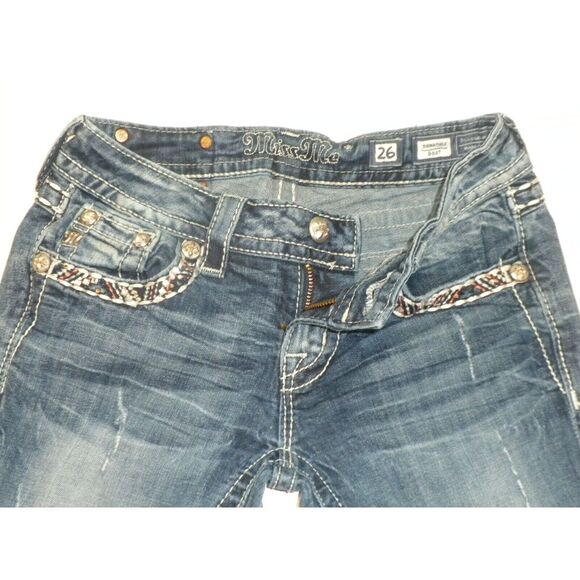 Miss Me Jeans 26 Blue Denim Signature Boot Rhinestone Embellished Distressed - Picture 6 of 16